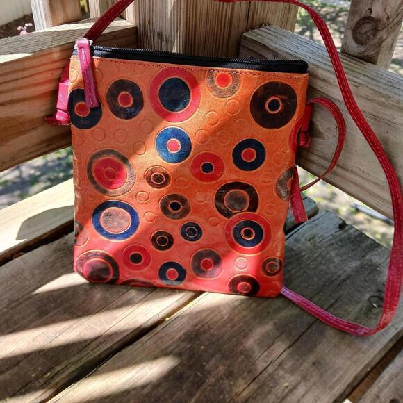Handmade mod retro pink and orange leather crossbody bag - Picture 3 of 5